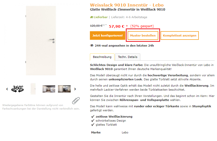 Muster online bestellen Produktdetailseite mit Muster-Button