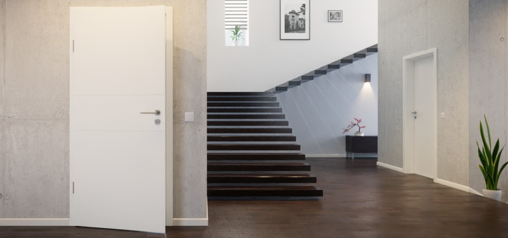 Moderne Weißlack-Innentür mit mittigen Lisenen in Innenraum mit Treppe