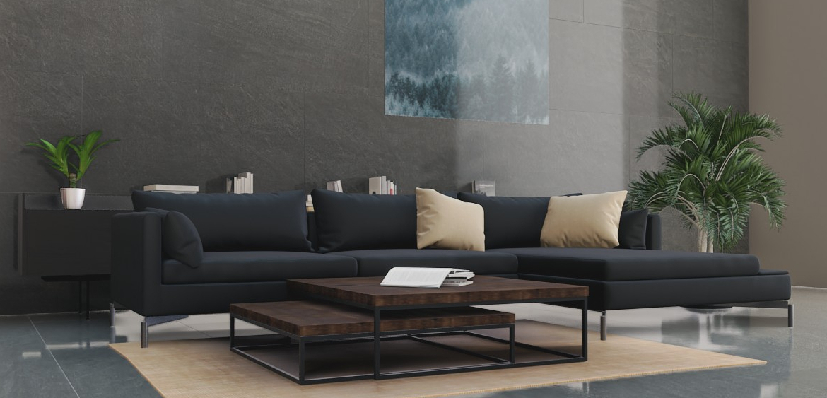 großformatige Wandfliese mit dunklem Dekor im Wohnzimmer hinter dem Sofa