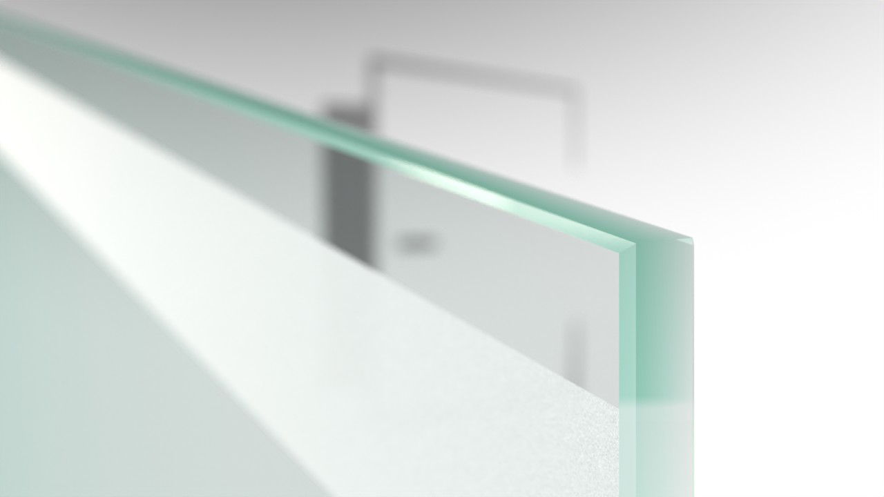 Weißglas mit ExtraWeiß-mattiertem Streifen auf klarer Fläche