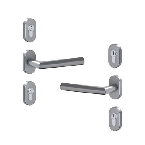 Drücker/Drücker-Garnitur 017 mit ovalen Rosetten Inox